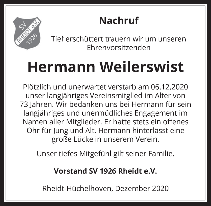  Traueranzeige für Hermann Weilerswist vom 18.12.2020 aus  Werbepost 