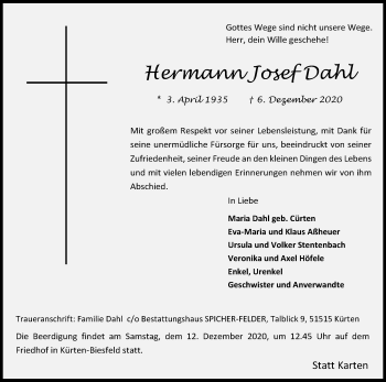 Anzeige von Hermann Josef Dahl von Kölner Stadt-Anzeiger / Kölnische Rundschau / Express