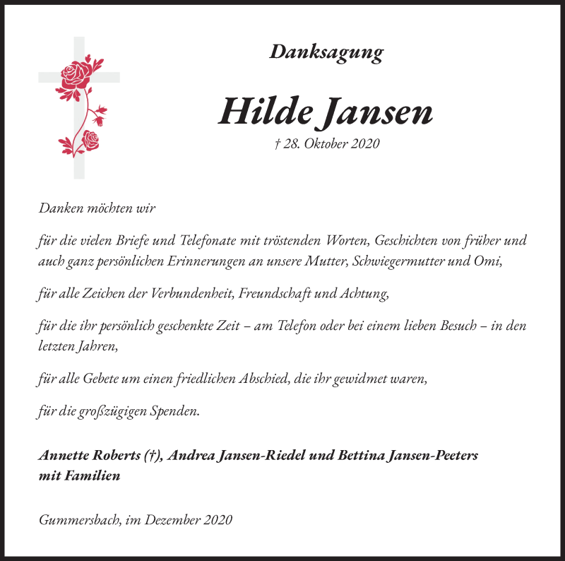  Traueranzeige für Hilde Jansen vom 05.12.2020 aus Kölner Stadt-Anzeiger / Kölnische Rundschau / Express