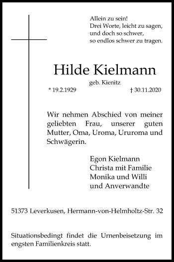 Anzeige von Hilde Kielmann von Kölner Stadt-Anzeiger / Kölnische Rundschau / Express