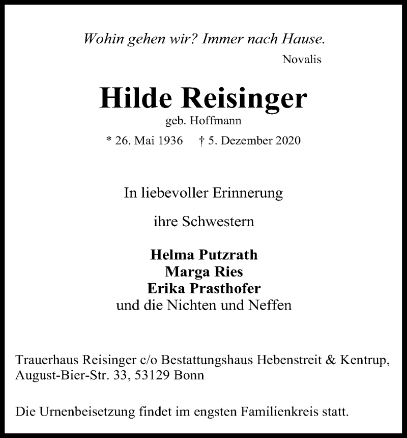  Traueranzeige für Hilde Reisinger vom 12.12.2020 aus Kölner Stadt-Anzeiger / Kölnische Rundschau / Express