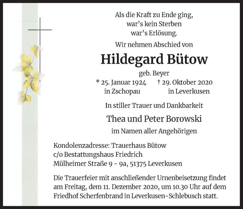  Traueranzeige für Hildegard Bütow vom 05.12.2020 aus Kölner Stadt-Anzeiger / Kölnische Rundschau / Express