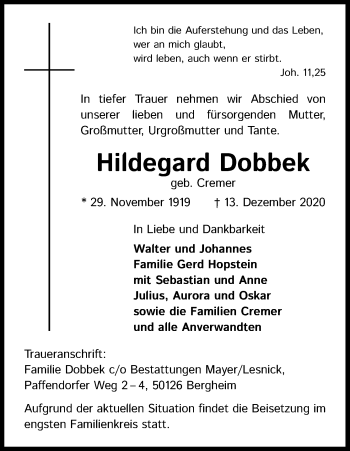 Anzeige von Hildegard Dobbek von Kölner Stadt-Anzeiger / Kölnische Rundschau / Express
