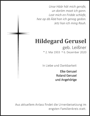 Anzeige von Hildegard Gerusel von Kölner Stadt-Anzeiger / Kölnische Rundschau / Express
