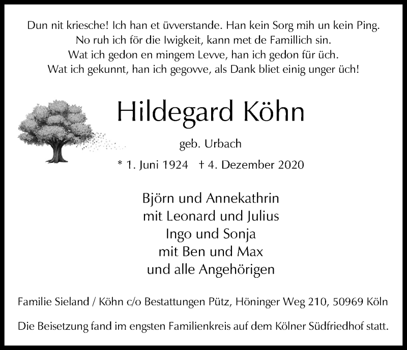  Traueranzeige für Hildegard Köhn vom 23.12.2020 aus Kölner Stadt-Anzeiger / Kölnische Rundschau / Express