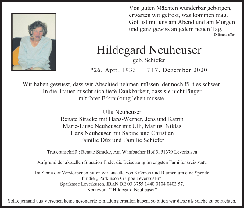  Traueranzeige für Hildegard Neuheuser vom 19.12.2020 aus Kölner Stadt-Anzeiger / Kölnische Rundschau / Express