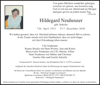 Anzeige von Hildegard Neuheuser von Kölner Stadt-Anzeiger / Kölnische Rundschau / Express