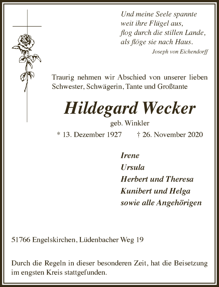  Traueranzeige für Hildegard Wecker vom 04.12.2020 aus  Anzeigen Echo 