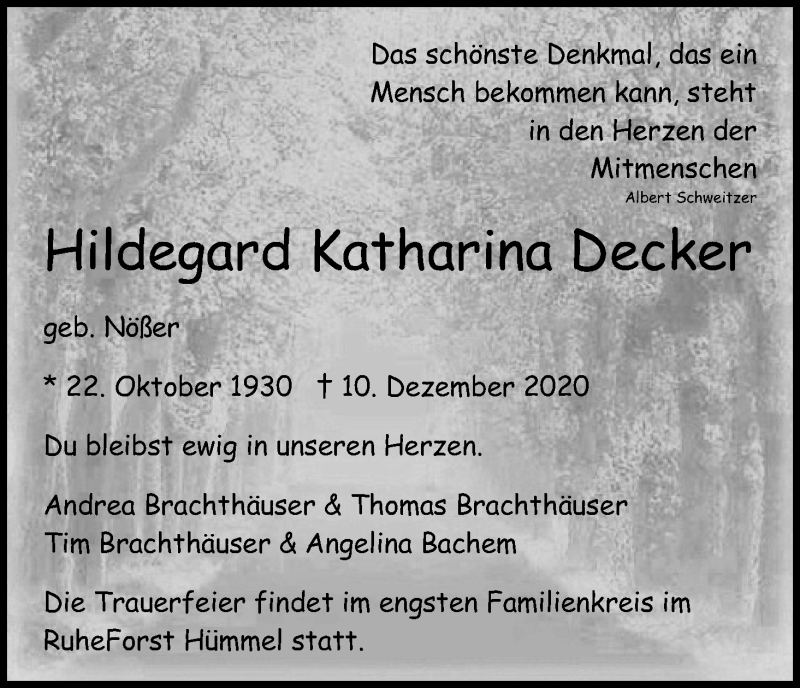  Traueranzeige für Hildegard Katharina Decker vom 19.12.2020 aus Kölner Stadt-Anzeiger / Kölnische Rundschau / Express