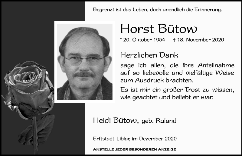  Traueranzeige für Horst Bütow vom 19.12.2020 aus  Werbepost 