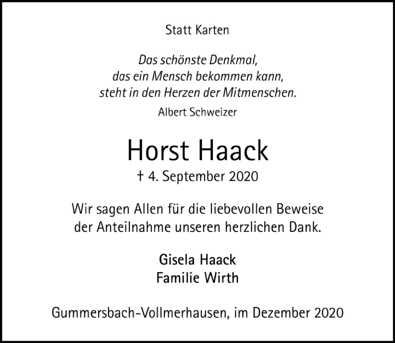  Traueranzeige für Horst Haack vom 04.12.2020 aus  Anzeigen Echo 