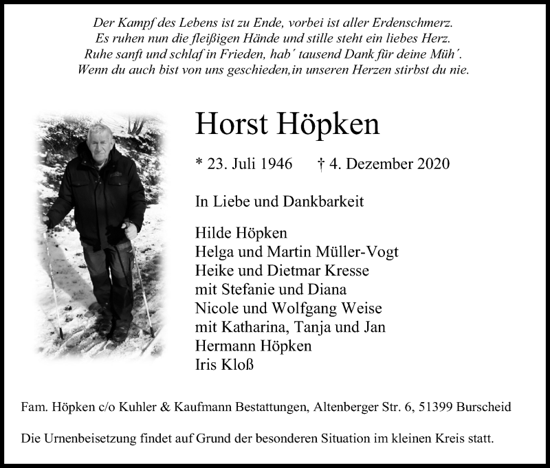  Traueranzeige für Horst Höpken vom 12.12.2020 aus Kölner Stadt-Anzeiger / Kölnische Rundschau / Express