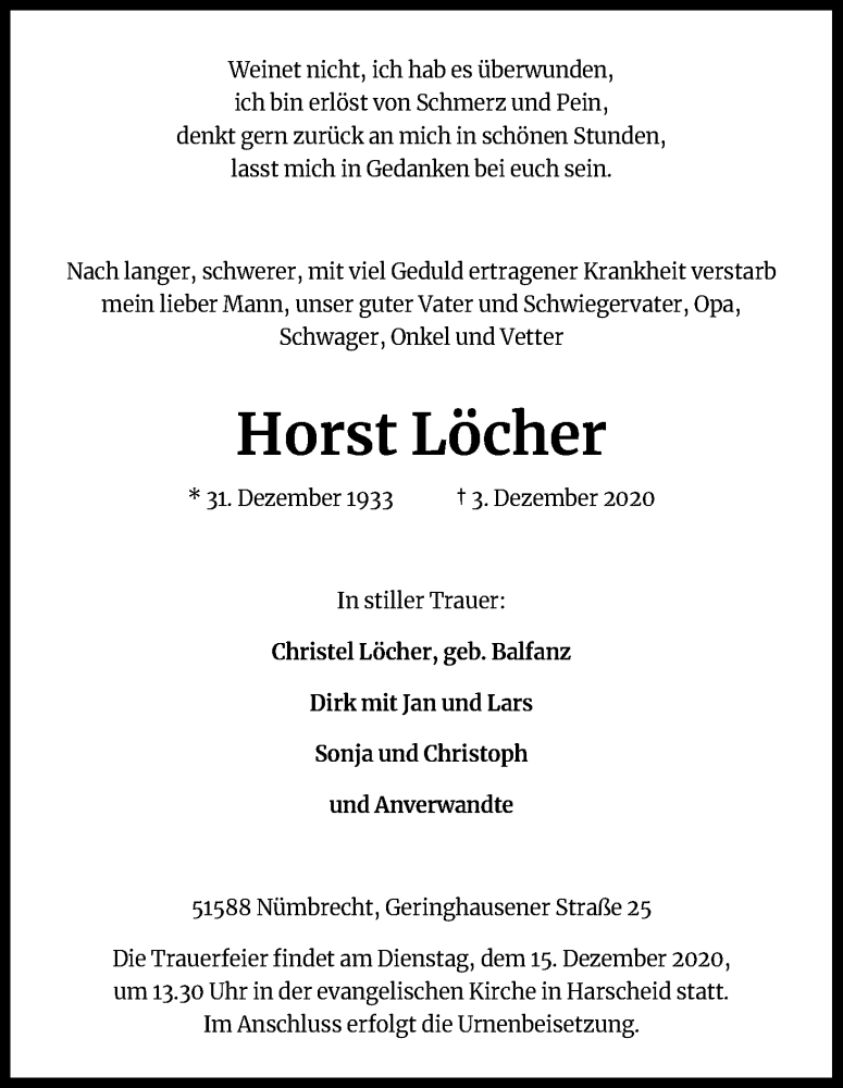  Traueranzeige für Horst Löcher vom 12.12.2020 aus Kölner Stadt-Anzeiger / Kölnische Rundschau / Express