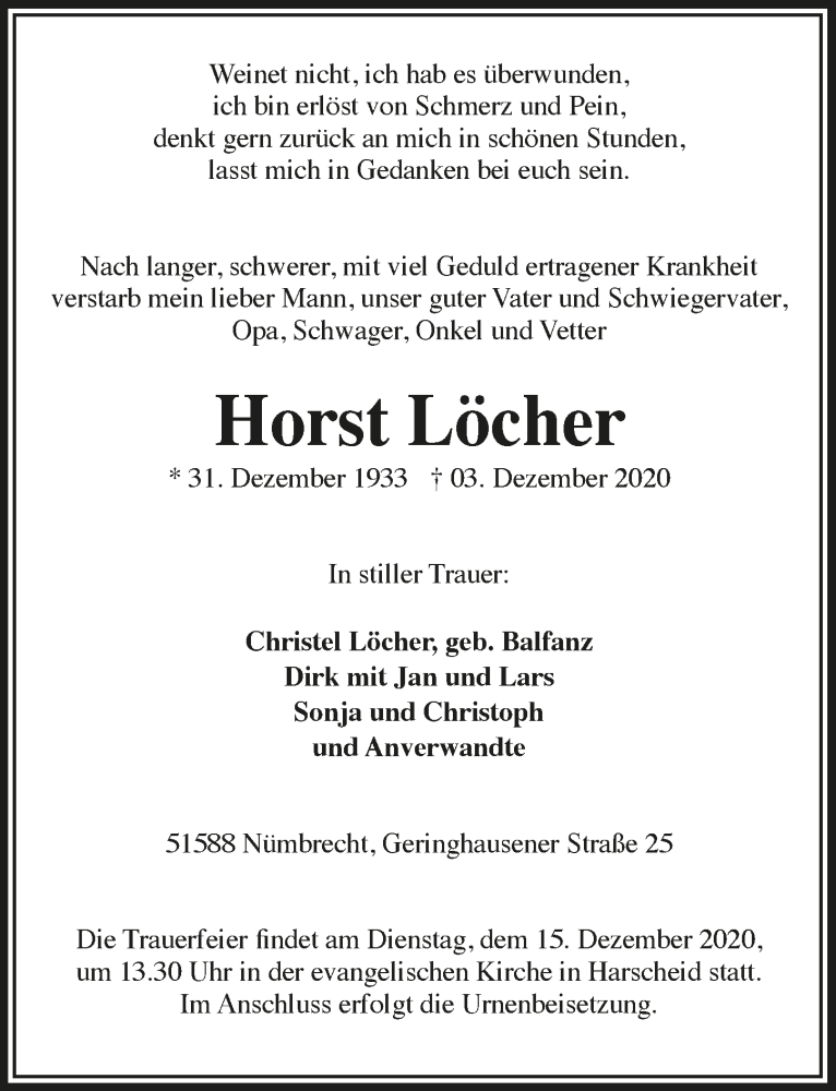  Traueranzeige für Horst Löcher vom 11.12.2020 aus  Lokalanzeiger 