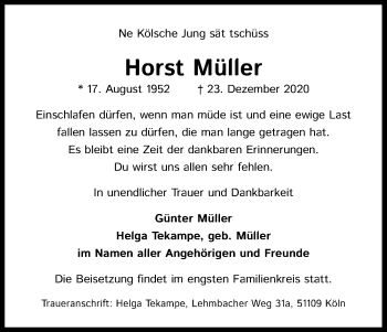 Anzeige von Horst Müller von Kölner Stadt-Anzeiger / Kölnische Rundschau / Express