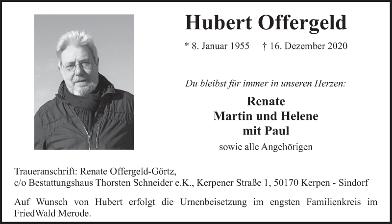  Traueranzeige für Hubert Offergeld vom 28.12.2020 aus  Werbepost 