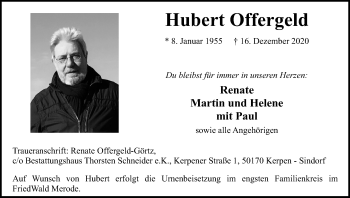 Anzeige von Hubert Offergeld von Kölner Stadt-Anzeiger / Kölnische Rundschau / Express
