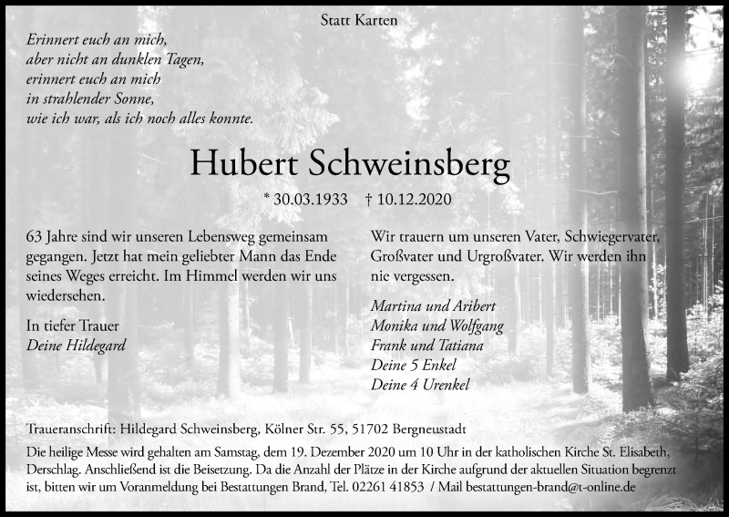  Traueranzeige für Hubert Schweinsberg vom 16.12.2020 aus Kölner Stadt-Anzeiger / Kölnische Rundschau / Express