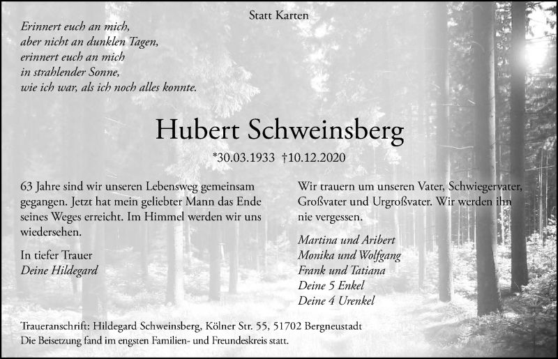  Traueranzeige für Hubert Schweinsberg vom 18.12.2020 aus  Anzeigen Echo 