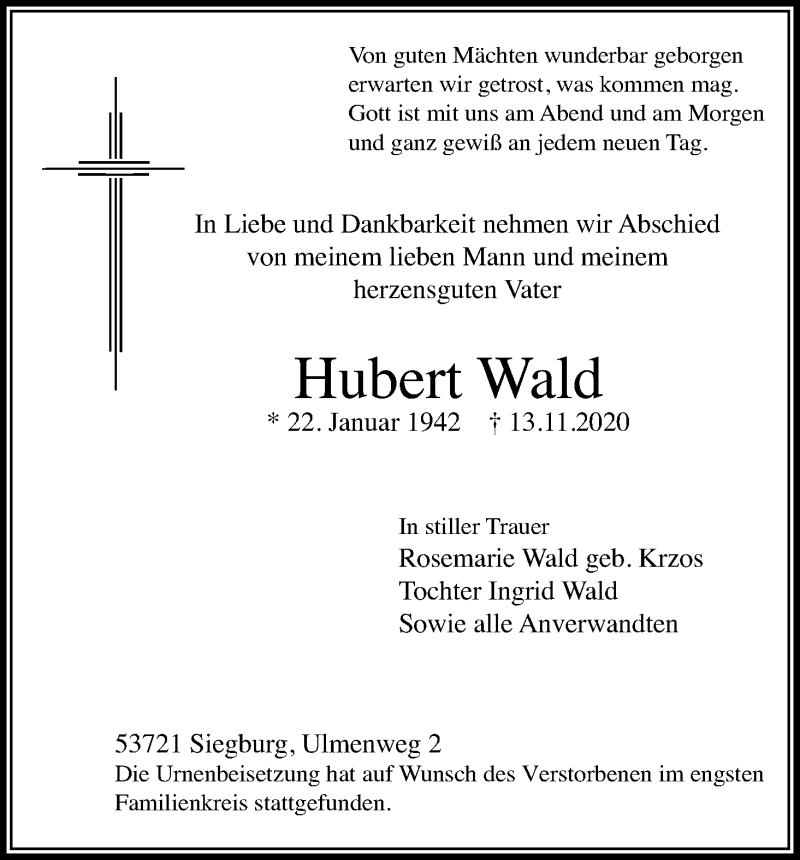  Traueranzeige für Hubert Wald vom 02.12.2020 aus Kölner Stadt-Anzeiger / Kölnische Rundschau / Express