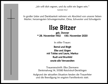 Anzeige von Ilse Bitzer von Kölner Stadt-Anzeiger / Kölnische Rundschau / Express