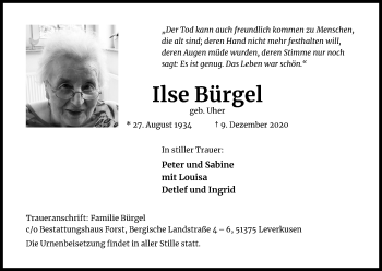 Anzeige von Ilse Bürgel von Kölner Stadt-Anzeiger / Kölnische Rundschau / Express