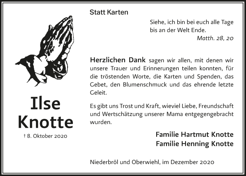  Traueranzeige für Ilse Knotte vom 18.12.2020 aus  Anzeigen Echo  Lokalanzeiger 