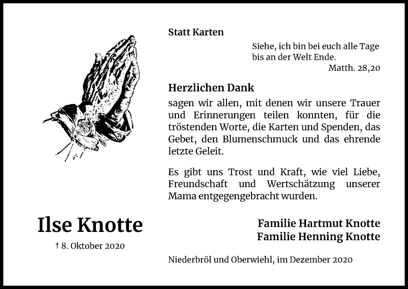  Traueranzeige für Ilse Knotte vom 19.12.2020 aus Kölner Stadt-Anzeiger / Kölnische Rundschau / Express