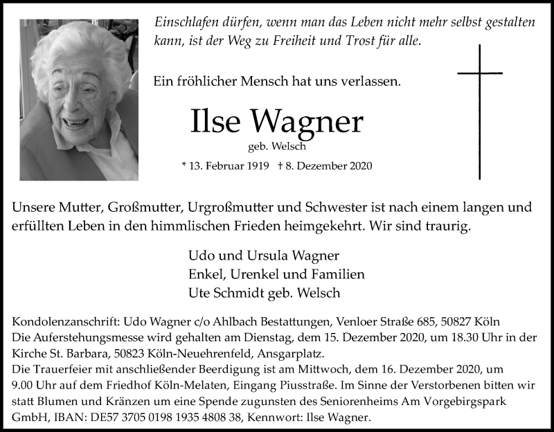  Traueranzeige für Ilse Wagner vom 12.12.2020 aus Kölner Stadt-Anzeiger / Kölnische Rundschau / Express