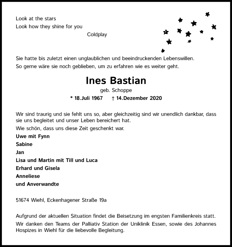  Traueranzeige für Ines Bastian vom 19.12.2020 aus Kölner Stadt-Anzeiger / Kölnische Rundschau / Express