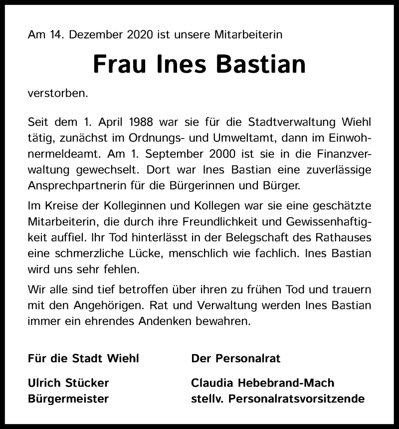  Traueranzeige für Ines Bastian vom 19.12.2020 aus Kölner Stadt-Anzeiger / Kölnische Rundschau / Express