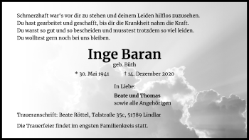 Anzeige von Inge Baran von Kölner Stadt-Anzeiger / Kölnische Rundschau / Express