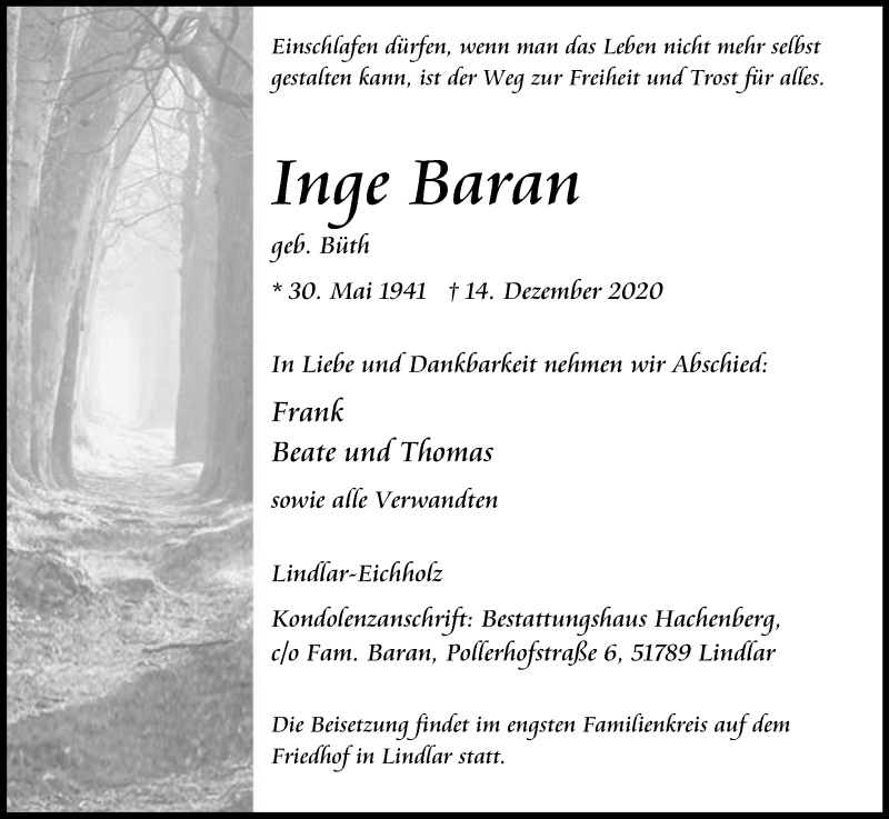  Traueranzeige für Inge Baran vom 19.12.2020 aus Kölner Stadt-Anzeiger / Kölnische Rundschau / Express