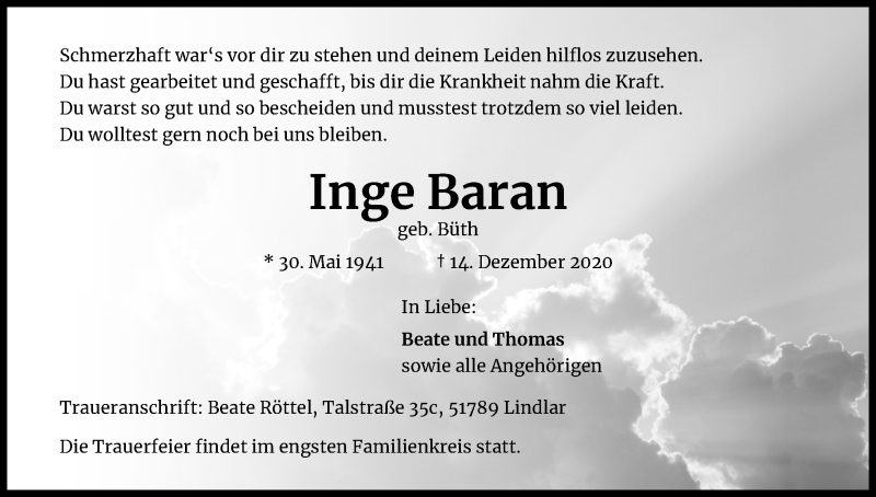  Traueranzeige für Inge Baran vom 19.12.2020 aus Kölner Stadt-Anzeiger / Kölnische Rundschau / Express