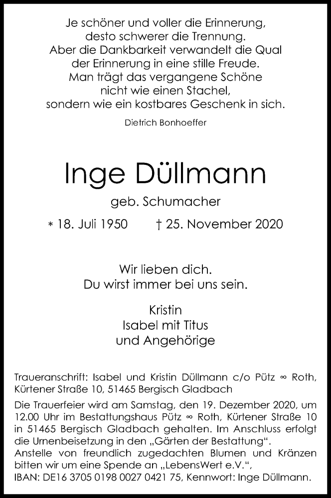  Traueranzeige für Inge Düllmann vom 05.12.2020 aus Kölner Stadt-Anzeiger / Kölnische Rundschau / Express
