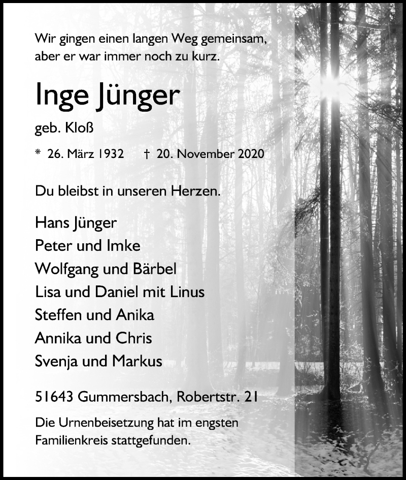  Traueranzeige für Inge Jünger vom 05.12.2020 aus Kölner Stadt-Anzeiger / Kölnische Rundschau / Express