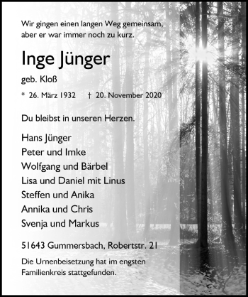 Anzeige von Inge Jünger von  Anzeigen Echo 