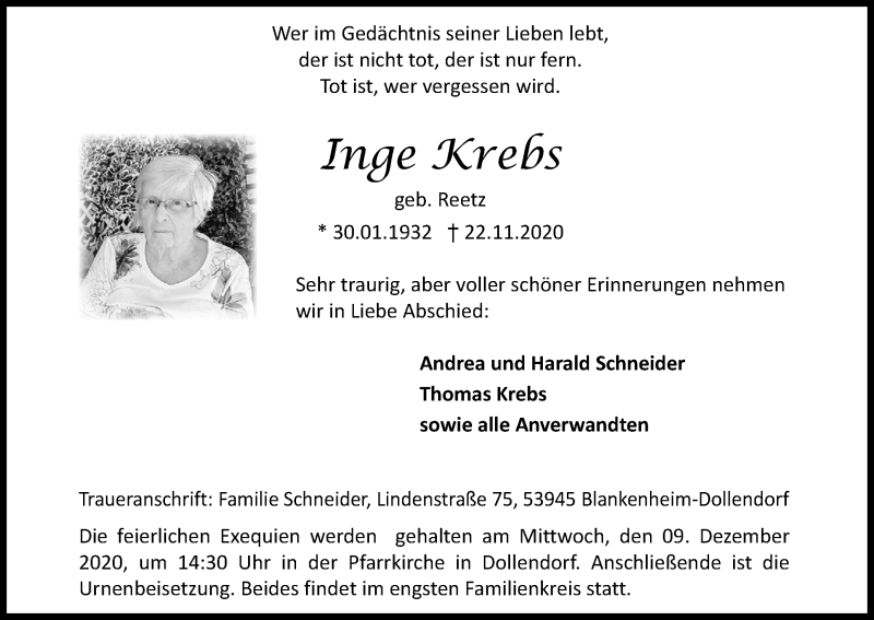 Traueranzeige für Inge Krebs vom 05.12.2020 aus Kölner Stadt-Anzeiger / Kölnische Rundschau / Express