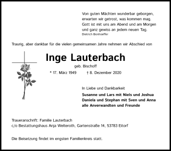 Anzeige von Inge Lauterbach von Kölner Stadt-Anzeiger / Kölnische Rundschau / Express