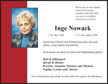 Anzeige von Inge Nowack von Kölner Stadt-Anzeiger / Kölnische Rundschau / Express