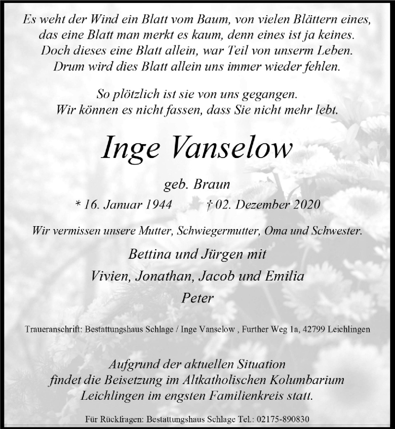  Traueranzeige für Inge Vanselow vom 18.12.2020 aus  Lokale Informationen 