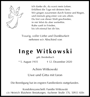 Anzeige von Inge Witkowski von Kölner Stadt-Anzeiger / Kölnische Rundschau / Express