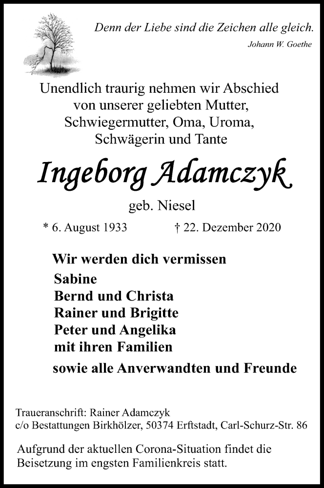  Traueranzeige für Ingeborg Adamczyk vom 29.12.2020 aus Kölner Stadt-Anzeiger / Kölnische Rundschau / Express