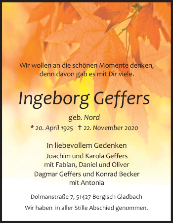 Anzeige von Ingeborg Geffers von Kölner Stadt-Anzeiger / Kölnische Rundschau / Express