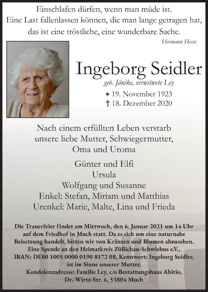  Traueranzeige für Ingeborg Seidler vom 28.12.2020 aus Kölner Stadt-Anzeiger / Kölnische Rundschau / Express