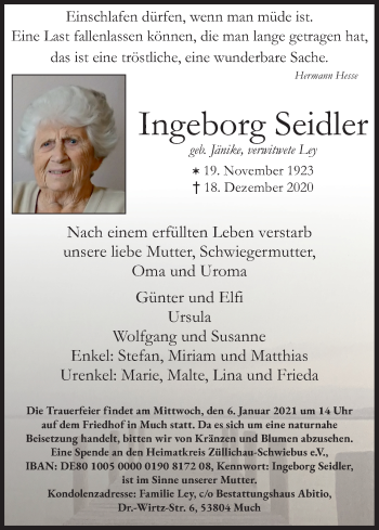 Anzeige von Ingeborg Seidler von Kölner Stadt-Anzeiger / Kölnische Rundschau / Express
