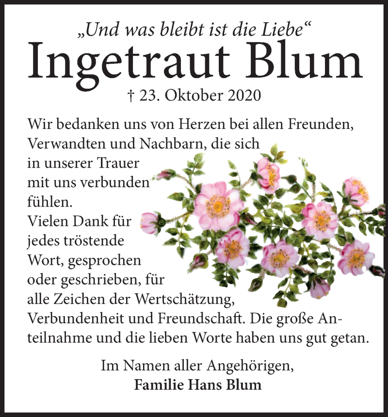  Traueranzeige für Ingetraut Blum vom 19.12.2020 aus Kölner Stadt-Anzeiger / Kölnische Rundschau / Express