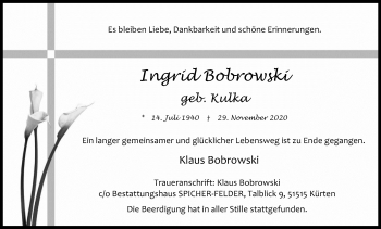 Anzeige von Ingrid Bobrowski von Kölner Stadt-Anzeiger / Kölnische Rundschau / Express