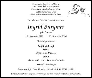 Anzeige von Ingrid Burgmer von Kölner Stadt-Anzeiger / Kölnische Rundschau / Express