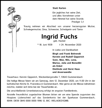 Anzeige von Ingrid Fuchs von Kölner Stadt-Anzeiger / Kölnische Rundschau / Express